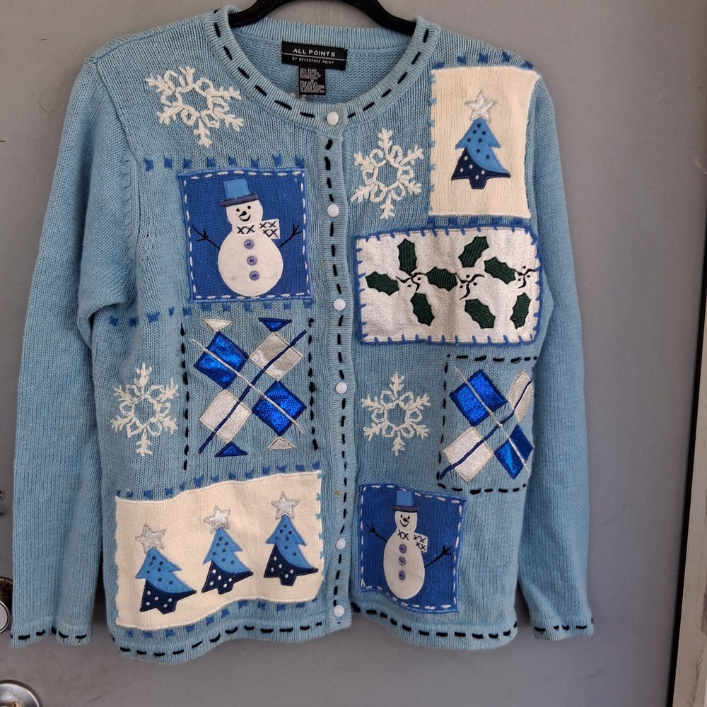 Vtg 90s Snowman Christmas Patchwork Cardigan Sweater S Cozy Grandma Grannycore